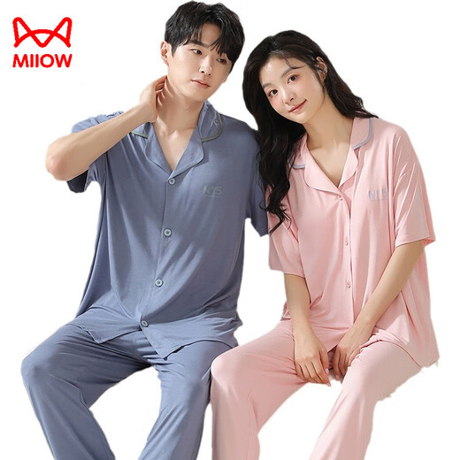 Katzenpaar-Pyjama für Frauen im sommerlichen dünnen Stil mit Brustpolstern Kurzärärmelhosen zweiteilige Set für Männer-Eisseide-Heimkleidung NSN12108 L