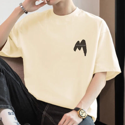 Kazuki Kuraishi Trendy Marke Heavyweight Cotton Kurzärmel-T-Shirt für Männer 2025 Neuer Sommer-Hochwerte Rund-Hals lose halbärmelige T-Shirt für Männer M09-694 Khaki S [80-100jin [Jin gleich 0,5 kg]]