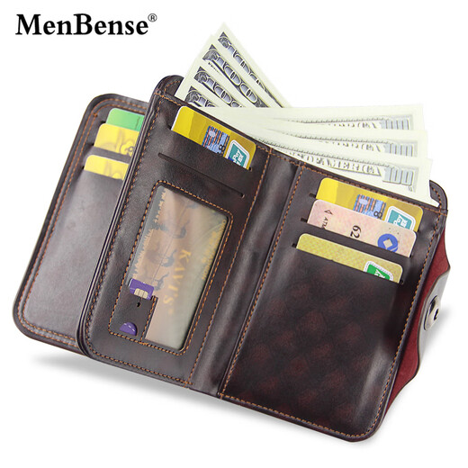AIOSC men's wallet high-end light luxury short retro large capacity multi-card magnetic buckle three-fold zipper wallet coin bag black - high-end