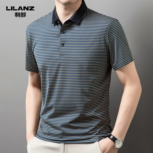 
Lilang men's lapel short-sleeved T-shirt summer striped young and middle-aged business casual POLO shirt ice silk breathable top green 13691 S 165