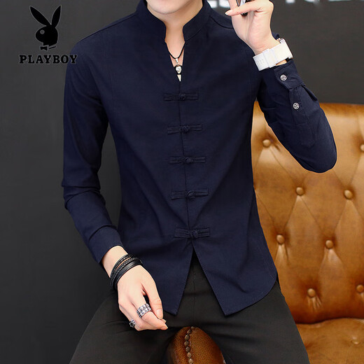 
Playboy (PLAYBOY) men's shirt long sleeve spring and autumn Tang suit plate button Chinese stand-up collar jacket Chinese style casual shirt sense men's clothing white 9905 plate button-up stand-up collar shirt M