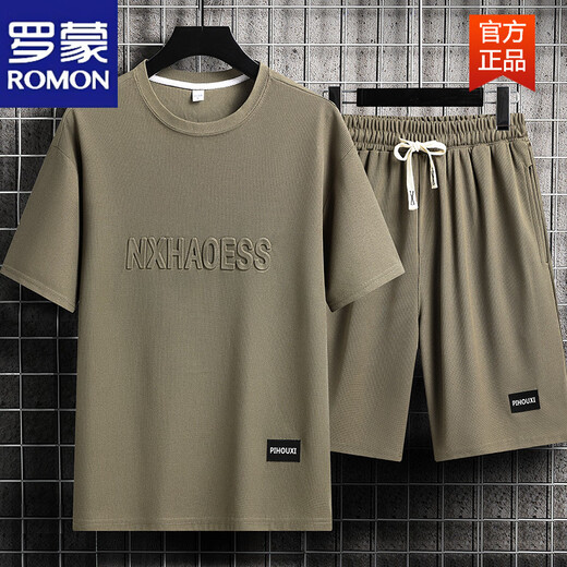 罗蒙（ROMON）男士夏季套装青少年短袖t恤薄款冰丝两件套休闲运动服五分短裤子 套装-TZ829黑色【上衣+裤子】 XL 建议130-145斤