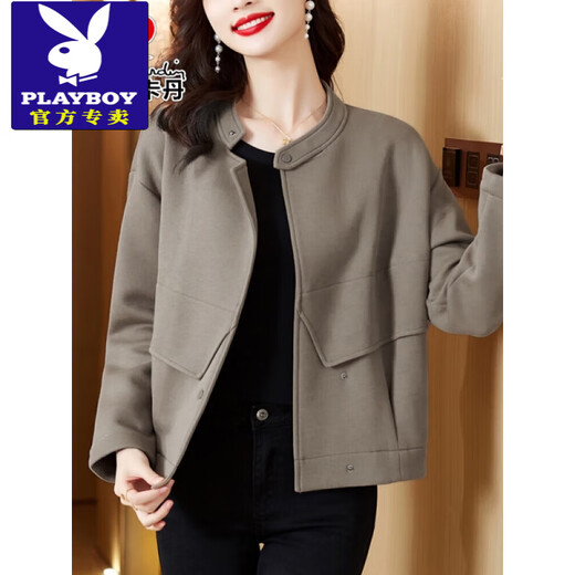 花花公子（PLAYBOY）中年妈时尚洋气外套女2025春秋装新款大号宽松休闲短款上衣 黑色 S