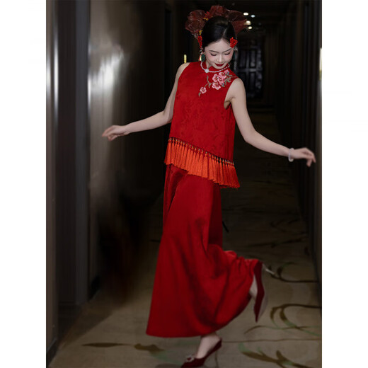 Fei Hao engagement clothes women's new Chinese cheongsam toasting suit two-piece suit high-end burgundy bride wedding morning shoot S