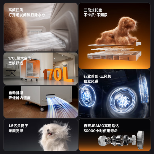 Jirpet Caja de secado para mascotas C7S Jier Agua de barrido Cámara de secado rápido Secador para perros y gatos Secador de pelo de tres sopladores de iones negativos Agua de barrido de 170 litros Cámara de secado rápido-C7s