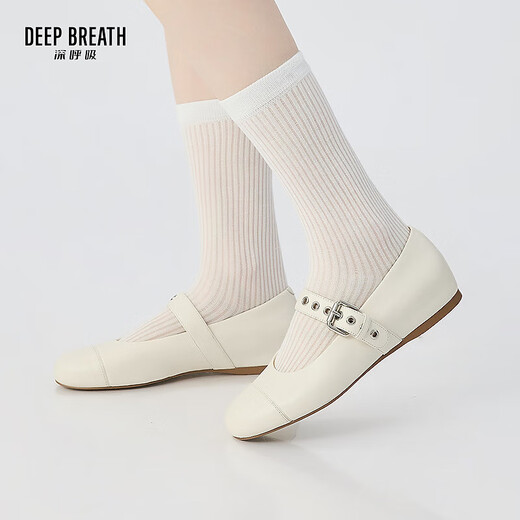 
DEEP BREATH Deep Breath Women's Shoes Genuine Leather Round Toe Flat Inner High-rise Belt Buckle Ballet Shoes Single Shoes AX11164 White 38
