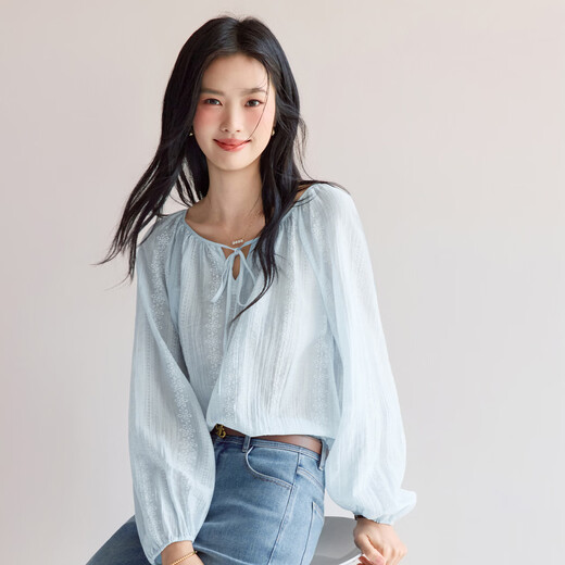 Eifli (eifini) Eifli printed loose collar shirt for women 2025 summer new commuter versatile casual top for women Blue S 80-110Jin [Jin equals 0.5 kg]