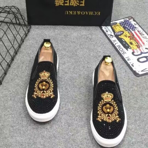 欧洲站单鞋水钻一脚蹬乐福鞋红底板鞋透气休闲鞋精神小伙铆钉鞋子 1315-5黑色 38