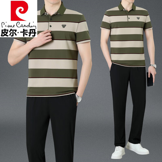皮尔卡丹（pierre cardin）爸爸夏装男士运动服套装中老年休闲条纹纯棉短袖t恤Polo衫 军绿（短 袖+长裤）KDK9763 M (建议100-120斤)