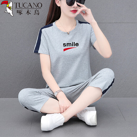 
Woodpecker Summer Sports Set Women's Short Sleeve 7-Cut Pants Casual Clothes Middle-aged Mom's Apparel Age Reducing Two-Piece Set Khaki XL