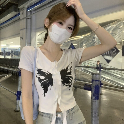 优衣库库【商场同款】美式蝴蝶印花短袖上衣甜辣百搭女款修身显瘦夏季潮流 9930黑 S