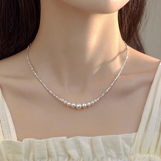 Kaximu Broken Silver Pearl Necklace for Women Gradient Smile Stitching Design Shijia Pearl Highlight Clavicle Chain Light Luxury Sweater Chain for Women Broken Silver Pearl Necklace Gift Box