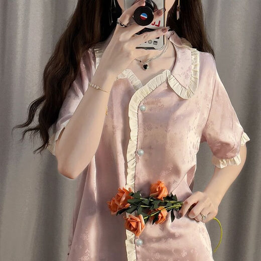 雅鹿睡衣女夏季大码薄款凉感冰丝绸宫廷风短袖长裤舒适家居服套装 FY3937[郁金香短袖短裤] 均码 L[建议100120斤]