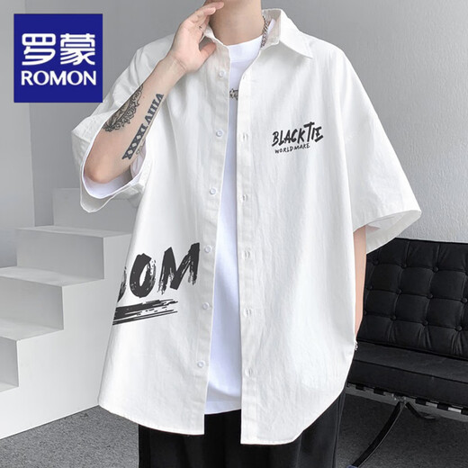 Romon weiße Kurzärärmungshemd Herren Sommer Japaner loser Tops Jungen Trendy Branddruck hübscher Hemdjacke Männer Mdsp834 Black M ungefähr 90 ~ 115 Jin [Jin gleich 0,5 kg] kann getragen werden
