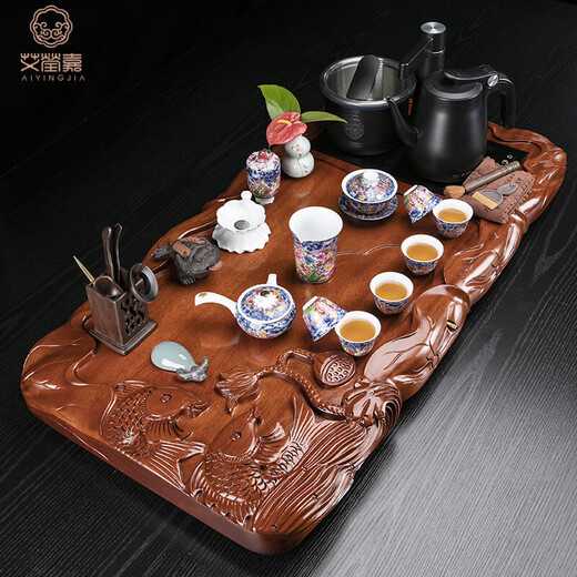 Ai Yingjia tea tray solid wood rosewood hand-carved high-end tea set set Chinese retro Kung Fu tea table with water boiler rosewood fish every year 100cmA6-Wanhua Jinxiu
