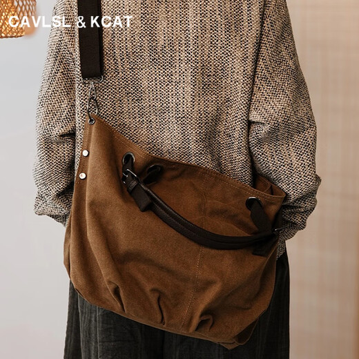 CavlslKcat retro canvas tote bag men's large-capacity handbag daily commuter shoulder crossbody bag casual travel bag dark brown 12.9 inches 37*17*36CM