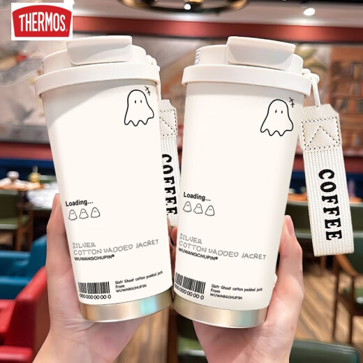 膳魔师（THERMOS）可爱幽灵保温杯高颜值学生不锈钢便携新款双饮咖啡男女吸管水杯子 BXAB13792幽灵黑+配挂绳 陶瓷内胆