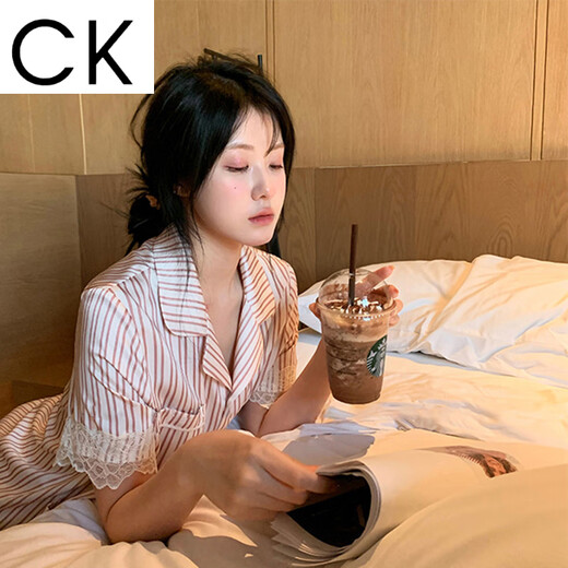 CK lace striped ice silk pajamas for women ins spring and summer ins windy home clothes can be worn outside LW-9214 [fabric] M [recommended 80-100Jin [Jin equals 0.5 kg]]