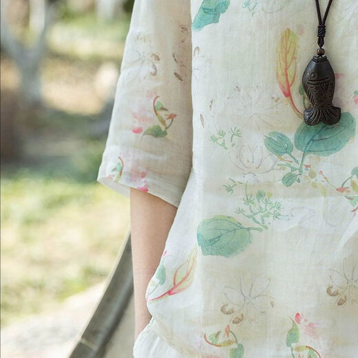 Zimu cotton linen 2025 summer clothing for women Chinese style printed tops short loose slim shirt bead button 9221 color L (recommended 115-125Jin [Jin equals 0.5 kg])
