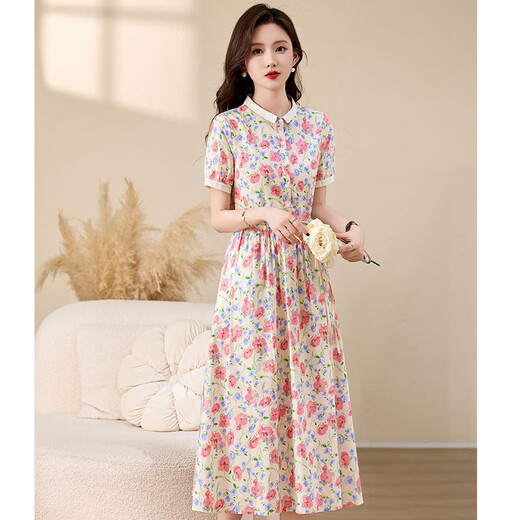 Ehangy轻奢品牌连衣裙女2025夏季新款休闲气质显瘦时尚百搭流行裙子 粉花 M 80-100
