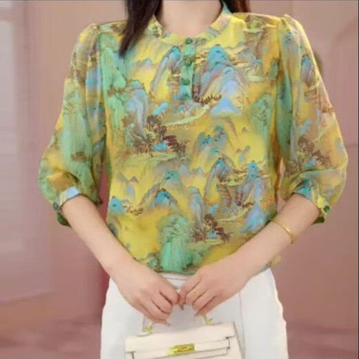 尤登·崔尤登崔夏季时尚妈妈装圆领中袖衬衫女洋气中老年复古减龄大码上衣 花色【高品质695】 M 建议90-105斤