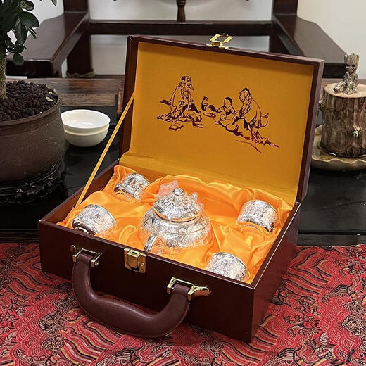 Fat Donglai same style pure silver tea set Baifu silver pot home 999 silver tea cup creative sterling silver gift kettle set (bright silver) brown high-end leather box 5 pieces