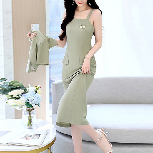 
OLJ light luxury brand dress for women 2025 summer new fashion slim temperament thin suspender two-piece skirt mustard green M
