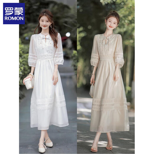 罗蒙（ROMON）天丝连衣裙女高档轻奢2025夏新款时尚温柔风仙女裙气质国风中式裙 杏色 L 建议115-130斤