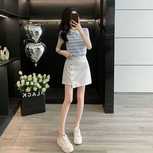 Longwenstin (L.WEST) Summer 2025 New Korean Striped Short Sleeve Top Slim and Versatile Denim Short Skirt Suit Skirt Two-piece Summer White Skirt 7170B S