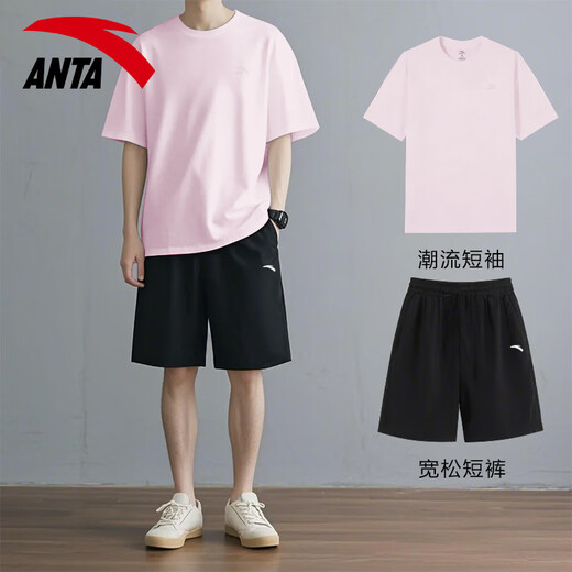 安踏休闲运动套装男夏季新款纯棉短袖T恤短裤宽松运动服青少年两件套 【套装】-1纯净白 L/175