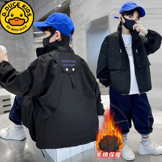 G.duck Boys' Autumn Jacket Plus Velvet Charge 2025 New Big Children's Spring and Autumn Casual Jacket Top Street Children's Clothing Black Cotton Style 110 cm