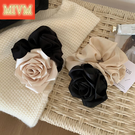 
MIVM Korean new style champagne black fabric camellia hair ring fashion sense high ponytail satin flower hair rope gift 3886-1-Champagne rose satin hair ring