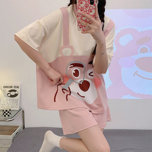Opeodly夏季睡衣女薄款学生甜美短袖短裤两件套夏天宽松可外穿休闲家居服 684背带熊 L 【建议98-112斤】