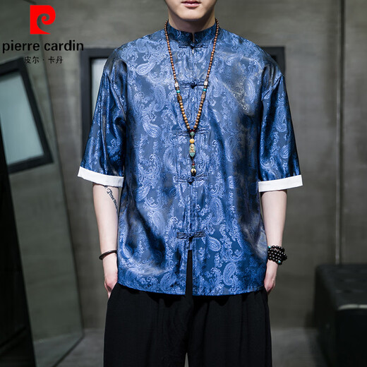 
Pierre cardin ice silk Tang suit Chinese style summer thin short-sleeved shirt men's retro loose Hanfu large-size five-point sleeve shirt A686 blue 5XL 200-230Jin [Jin equals 0.5 kg]
