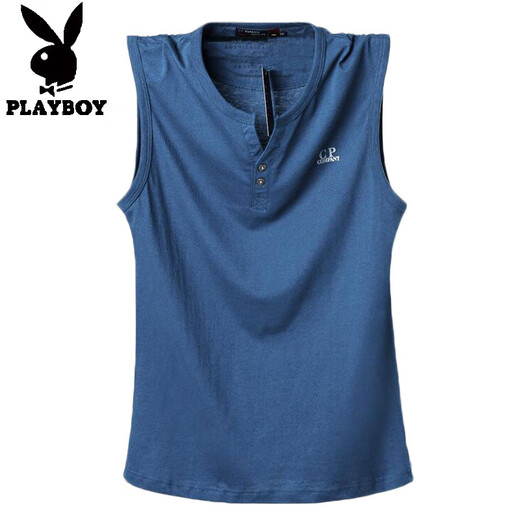 Playboy Henry Collar Pure Cotton Thin Summer V-Neck Vest Men's Broad Shoulders Plus Fat Extra Large Loose Shoulder Sweatshirt Fat Man Sleeveless T-Shirt Navy V 4XL Recommended 205-225Jin Jin is equal to 0.5 kg