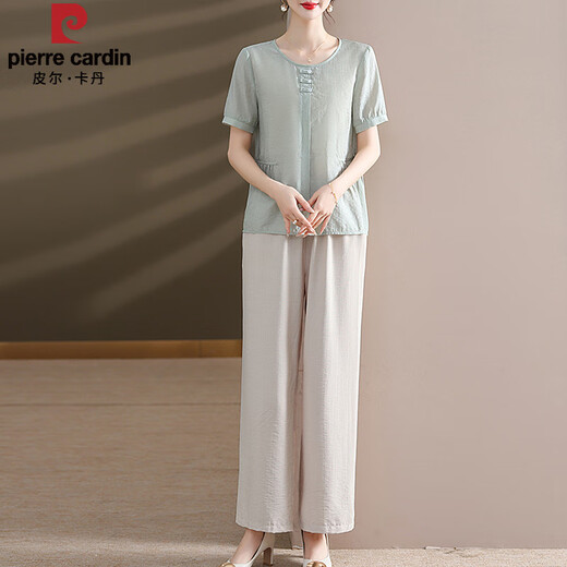 Pierre Cardin Mom Summer Wear 2025 New Suit Western-style Middle-aged Women's Summer Short-Sleeved Shirt Fashionable Wide-leg Pants Two-piece Show 9435 Light Green Suit L Recommendation 90-105 Jin Jin equals 0.5 kg