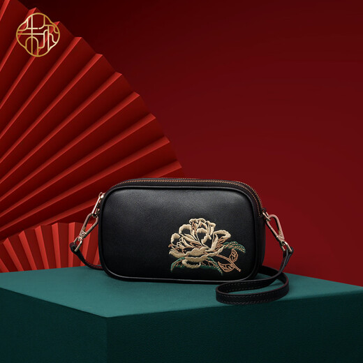 ZOOLER Bag Women's 2025 New Chinese Style Embroidery Crossbody Bag Women's Cowhide Mom Bag Birthday Gift Gift for Elders Black