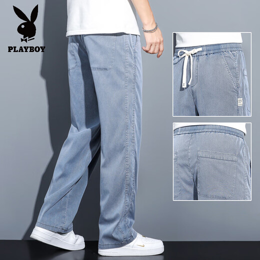 花花公子（PLAYBOY）夏季天丝牛仔裤男宽松直筒潮牌休闲阔腿裤男2025新款冰丝长裤 1048蓝色 M 95-115斤