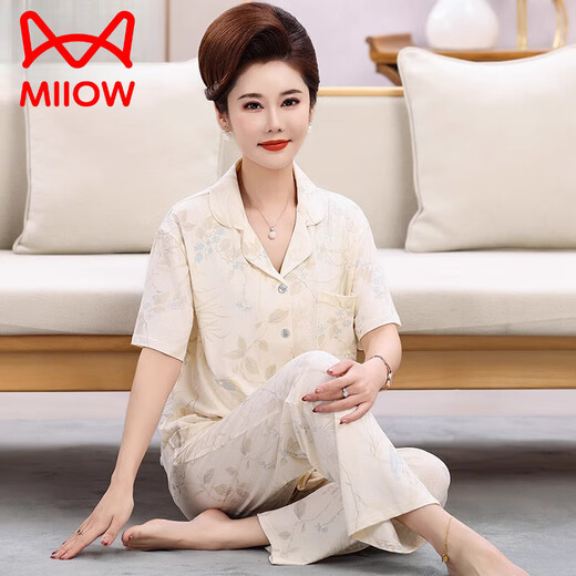 猫人（MiiOW）妈妈睡衣女士夏季薄款中老年短袖长裤套装春秋翻领大码家居服 RY9934浅莓粉 【套】 L 【推荐101-115斤】
