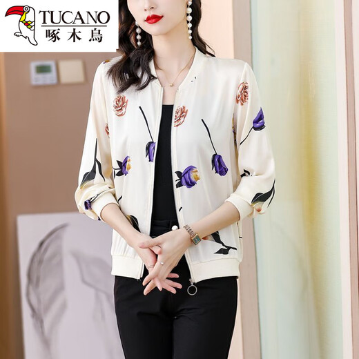 
Woodpecker beautiful top mother suit spring and summer chiffon sunscreen clothes for women with fashionable polka dot printed zipper cardigan baseball uniform 8043 colors 4XL
