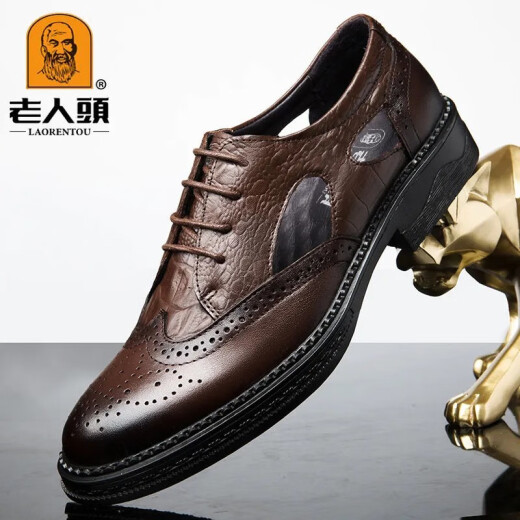 Old man's head Brock business bag scalp sandals men's genuine leather breathable non-slip thick sole men's summer hole leather shoes 9928 brown 38