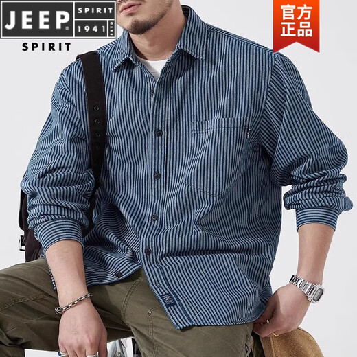 
JEEP SPIRIT Stylish Striped Shirt Jacket Men's Long Sleeve Spring Casual Denim Shirt Men's Spring and Autumn Style 759 Blue XL Recommended [121-140Jin[Jin equals 0.5 kg]]
