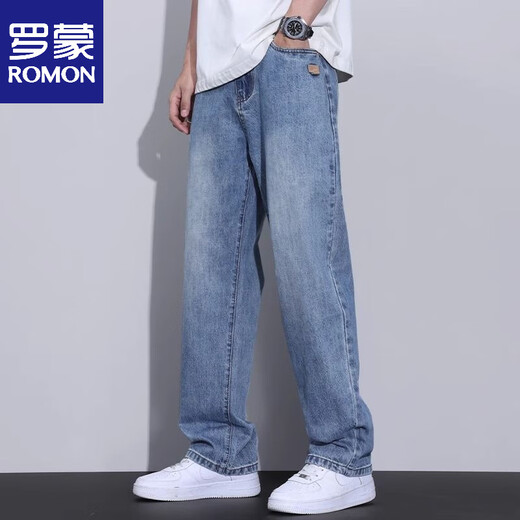 Romon 2025 summer retro jeans for men new style loose trousers straight casual wide-leg pants for men spring and autumn 1/2 9921 blue and gray (single set) 28 (waist circumference two feet one)