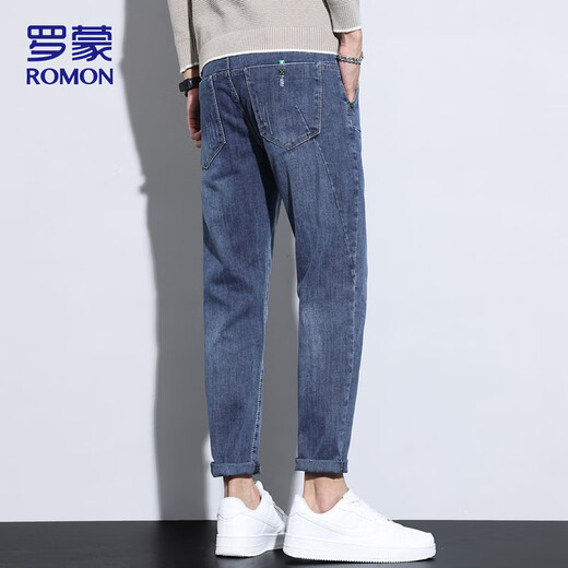 罗蒙（ROMON）牛仔裤男秋冬季休闲裤男士修身小脚百搭九分裤子男裤 蓝灰色 32