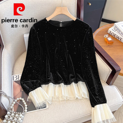 Pierre Cardin high-end brand black silk velvet top women's long-sleeved bottoming with autumn and winter new loose ruffle Pierre Cardin black L (recommended 100-115Jin Jin equals 0.5kg)