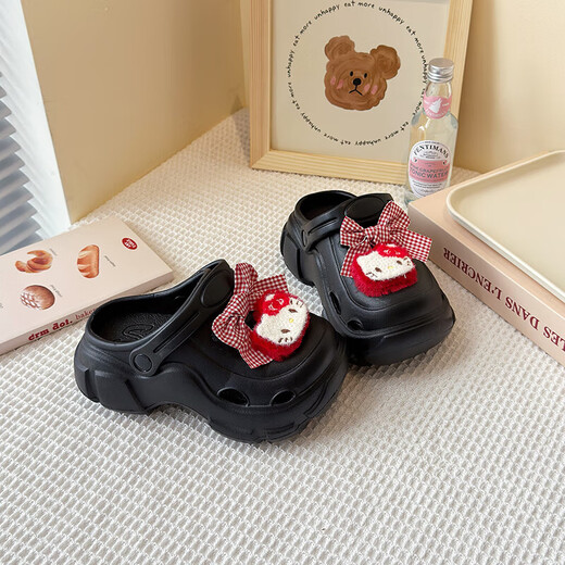 Girls' Croc Shoes Anti-slip Soft Sole Cute Cartoon Baotou Sandals Girls Indoor and Outdoor Hello Kitty Children's Sandals Black J606-22 Size 34-35 Inner Length 21cm