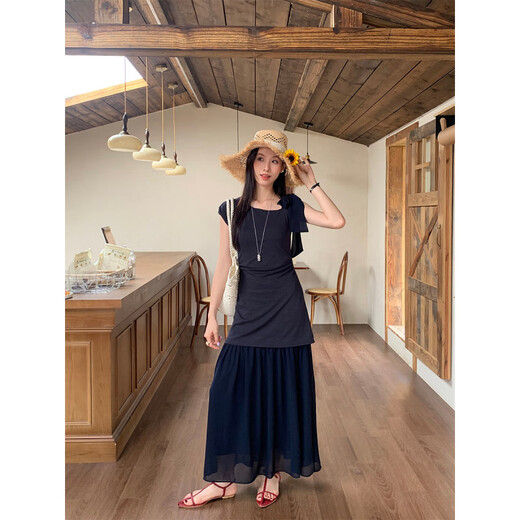 Innen und Außen 2025 Französisch Französisch Einfache One-Shoulder-Kragen-Bow geschnittene Chiffon-Kleid 13897 Schwarz Aprikose L.