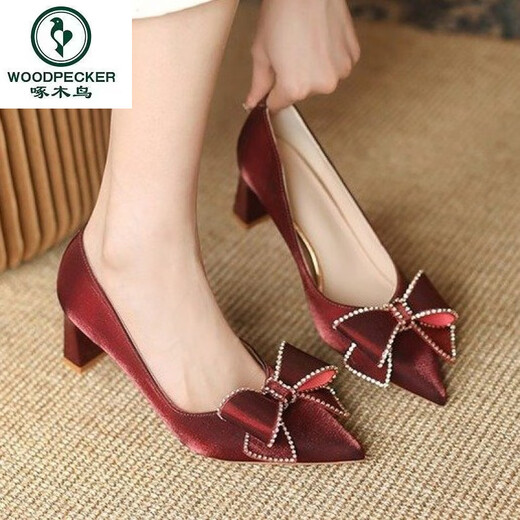 Specht Strass-Bogenhoch Heels Frauen 2025 Neue dicke Ferse Hochzeitsschuhe Haupthochzeitskleid Spitz Zeh Leichte Mund Single-Schuhe Brautjungfern Schuhe im Falle 38 38