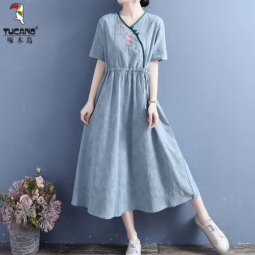 Woodpecker 2025 summer new cotton linen tilted placket embroidered short-sleeved dress for women Chinese style literary retro mid-length skirt Blue M Recommended 80-105Jin [Jin equals 0.5 kg]