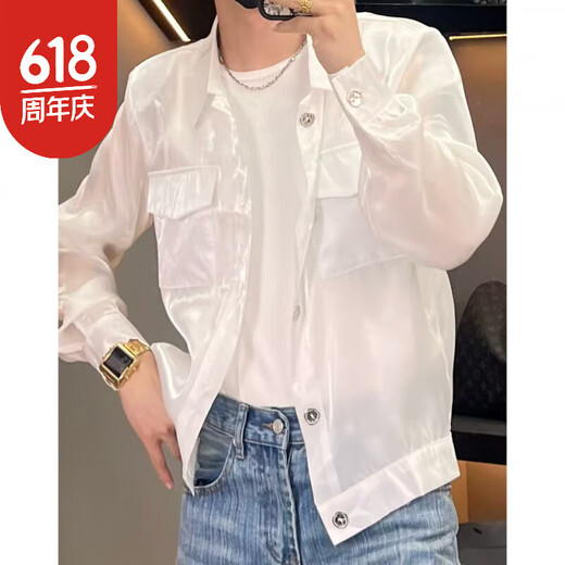 郡纬琛哥男装-外套1047男士高品质蝴蝶水钻珠光防晒夹克外套 白色 M _130斤以下